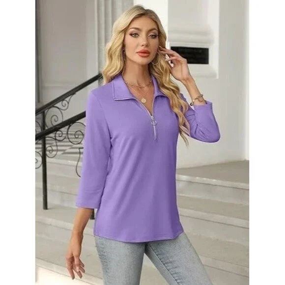TICTICMISS Women's 3/4 Sleeve Tops XL Collared V Neck 1/4 Zip Polo Shirt Purple - Picture 5 of 7
